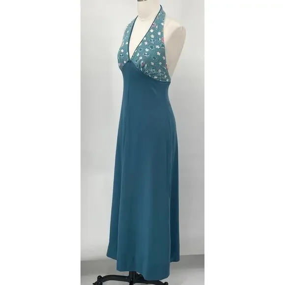 Vintage 70s Halter Dress Floral Pattern Triangle Bodice Teal Blue Pink Womens XS - Picture 7 of 10